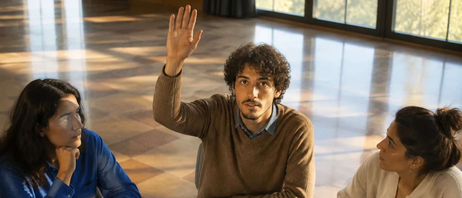 A sala fotografada de longe depois da última rodada, com papéis e canetas sobre a mesa comprida